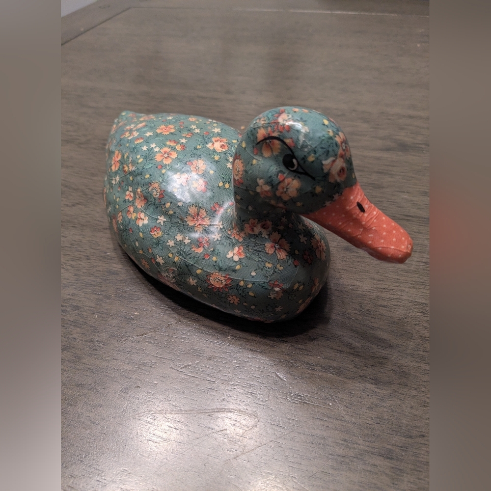 Vintage Cottagecore Floral Decoupage Duck Figurine Heavy Decoy Green